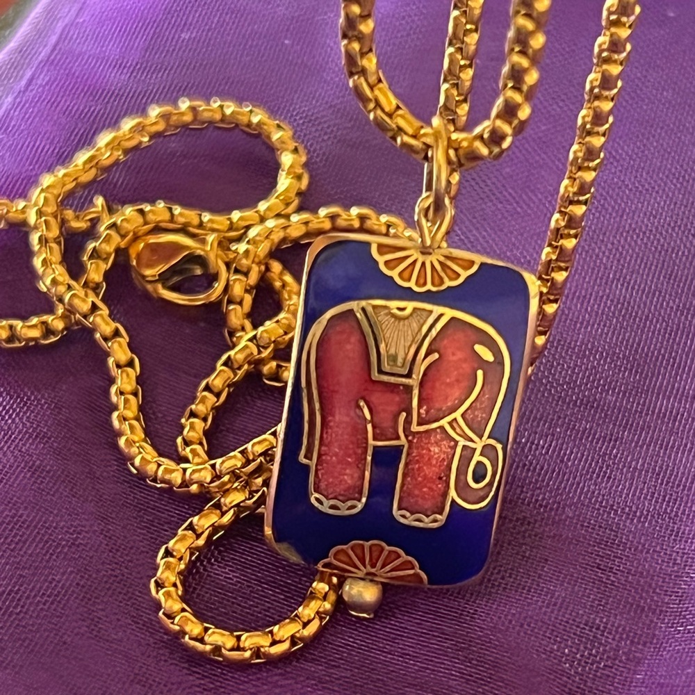 Royal purple elephant enamel pendant on golden chain + travel pouch